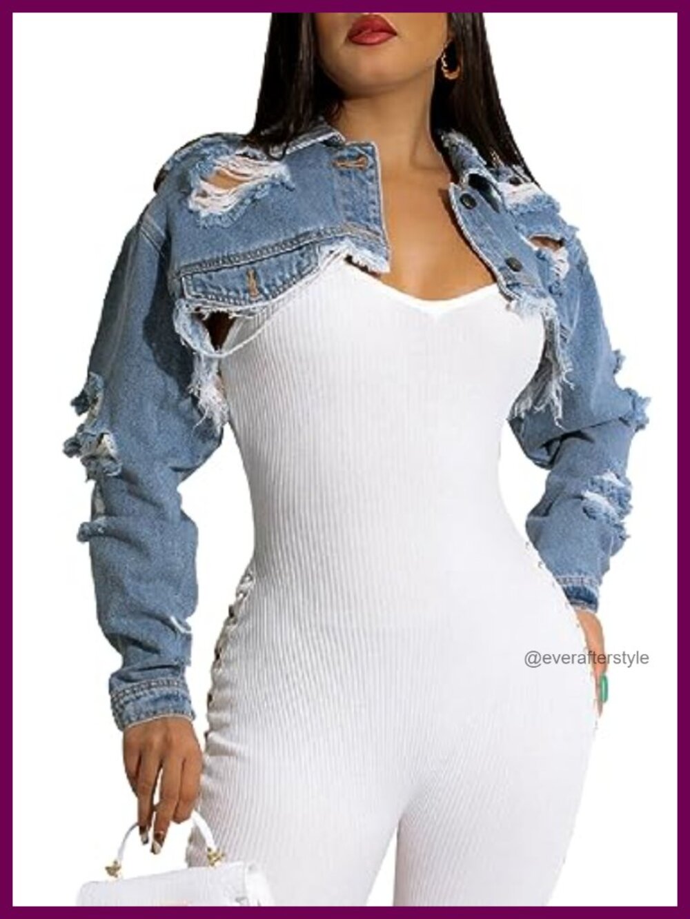 Women's Cropped Denim Jacket Distressed Long Sleeve Jean Coat